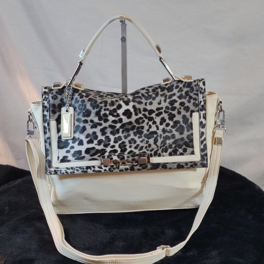 Christian Audigier White and Leopard Print Satchel Hand/Shoulder Bag